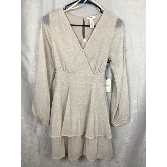 Japna Small A-Line Mini Dress Long Balloon Sleeve Layered Lined Tie Back V-Neck - Picture 6 of 12